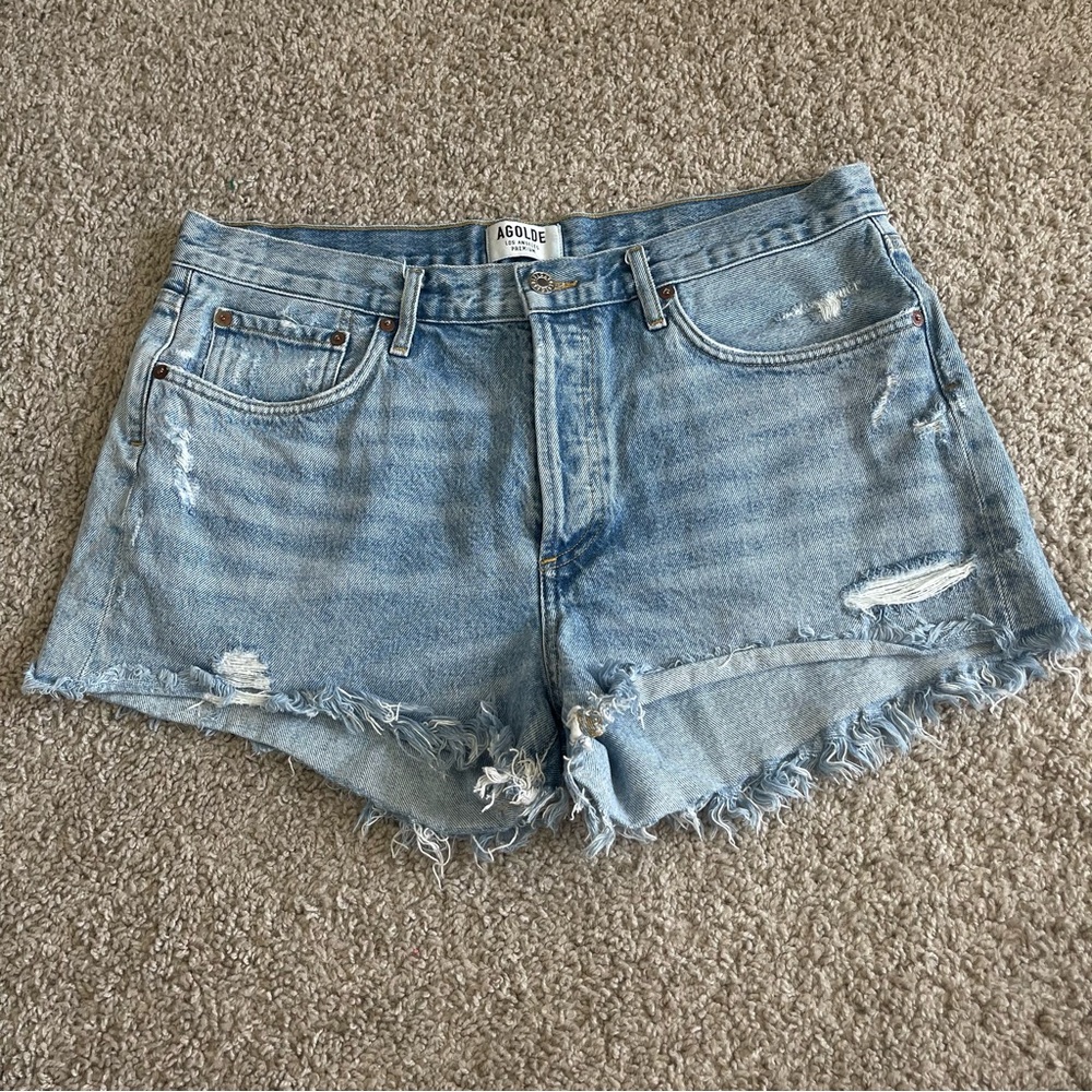 AGOLDE Frayed Leg Opening Distress Denim Jean Shorts